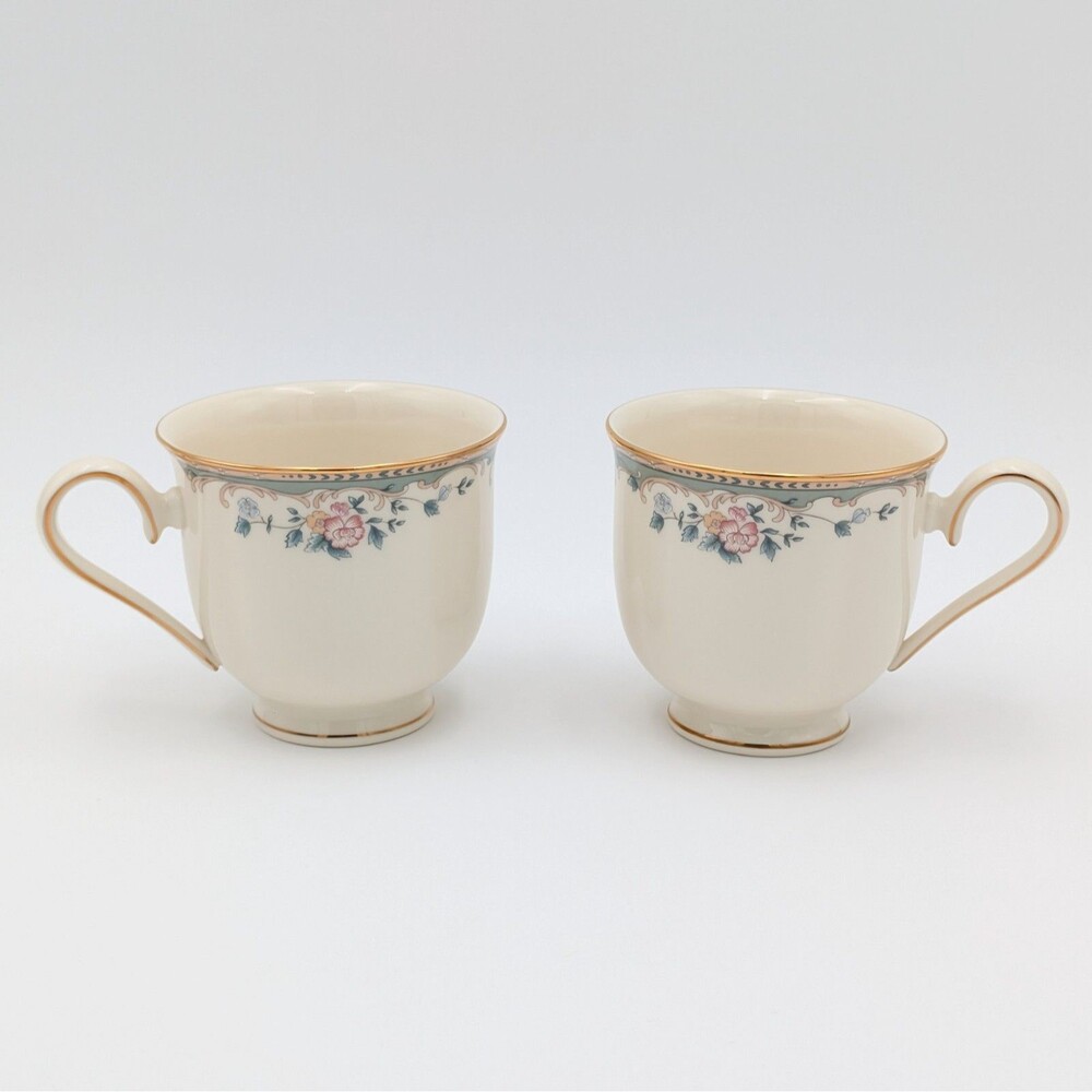 Lenox Spring Vista Footed Tea Cups Fine China Floral Gold Trim USA Made Lot of 2